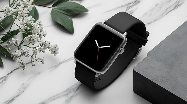 Minimalist Smartwatch Mockup Resting on a Sleek and Modern Tech Style Background Showcasing a Blank Digital Display and Sophisticated Design