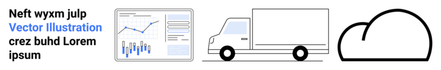 Graph with bar and line charts, white delivery truck, and large cloud outline. Ideal for data analysis, logistics, cloud computing, business strategy, tech solutions, digital transformation