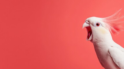 excited white parrot yelling on a vibrant red background