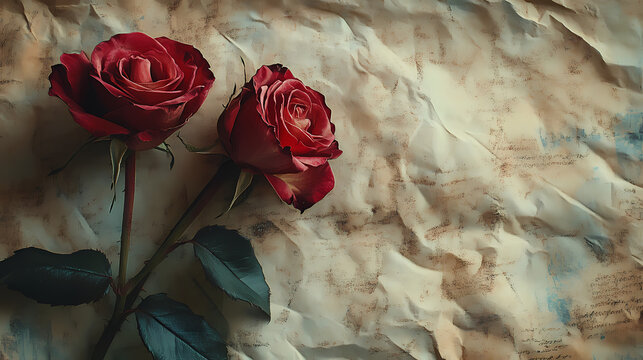 Faded roses bloom on worn parchment, a whisper of time and beauty. Whisper. Illustration