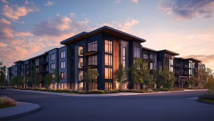 A modern apartment building rendering at dusk. Dark exterior, large windows, and warm lighting accents. Shows street view and landscaping elements. Stylish, contemporary design.