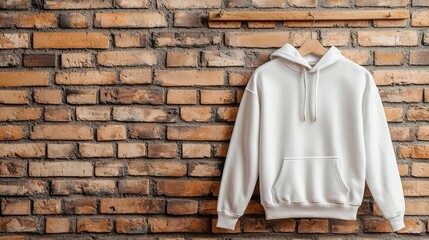 A minimalist gray hoodie mockup hanging on a wooden clothing rack against a brick wall backdrop perfect for e commerce brand identity and fashion related photography projects