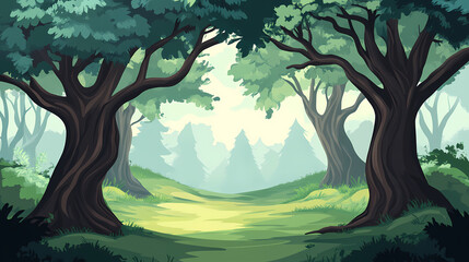 Naklejka premium Forest landscape with old trees and wind whispering secrets. Whisper. Illustration