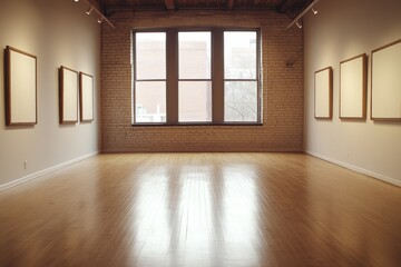 Obraz premium A minimalist art gallery with empty frames and natural light from large windows.