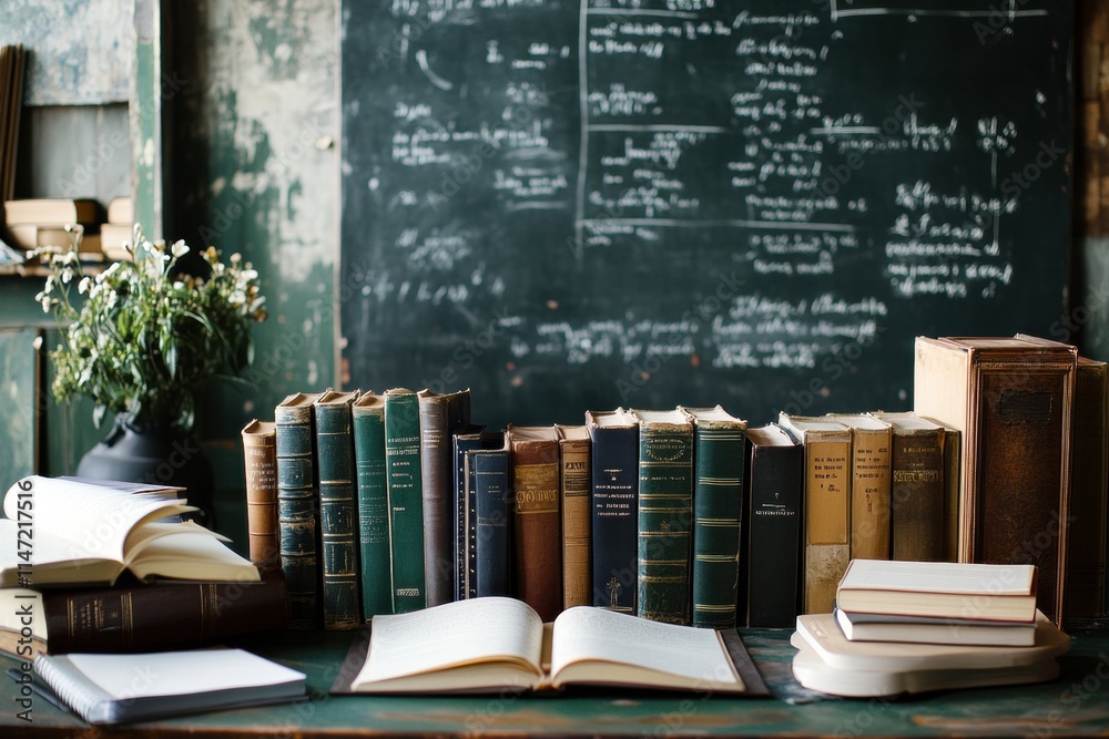 Aufkleber books and stationery laid out on a rustic desk with chalkboard in the background for study and writi