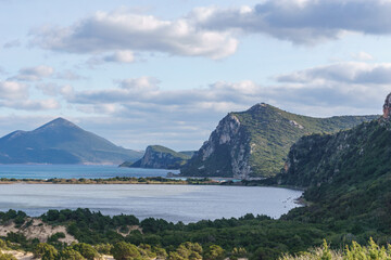 Idyllic landscape of Gialova Lagoon from high point of view on a sunny spring day, Messinia,...