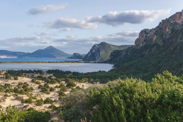 Idyllic landscape of Gialova Lagoon from high point of view on a sunny spring day, Messinia,...