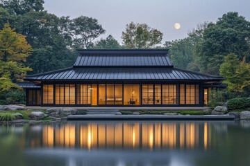 Naklejka premium Japanese-style building by tranquil water reflecting the full moon and surrounded by nature