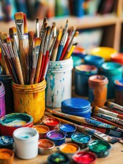 Brightly colored artist supplies arranged on a workspace with empty canvas ready for creativity. Generative AI