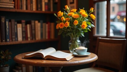 A cozy café corner with an open book, steaming coffee, and fresh flowers amidst stacked books