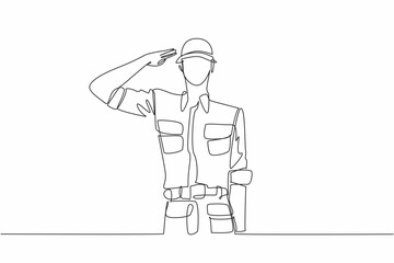 Single continuous line drawing soldiers salute while wearing helmets. Dedication of a soldier. Sacrifice of a soldier. Defending a nation. Vietnam War Veterans Day. One line design vector illustration