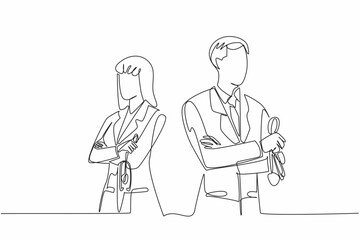 Single continuous line drawing female and male doctors crossed their arms across their chest. Stethoscope in hand. Always give the best. The national of doctor day. One line design vector illustration