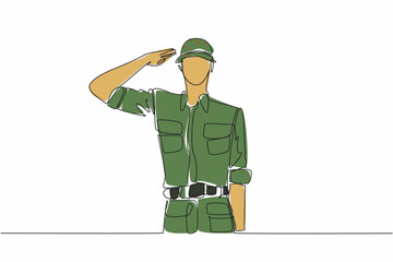 Single continuous line drawing soldiers salute while wearing helmets. Dedication of a soldier. Sacrifice of a soldier. Defending a nation. Vietnam War Veterans Day. One line design vector illustration