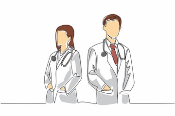 Fototapeta premium Continuous one line drawing male and female doctors put their hands in their uniform coat pockets. Serve with heart. Sincere. The national of doctor day. Single line draw design vector illustration
