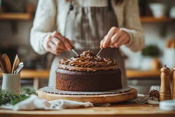 A person decorates a chocolate cake with frosting in a cozy kitchen setting.