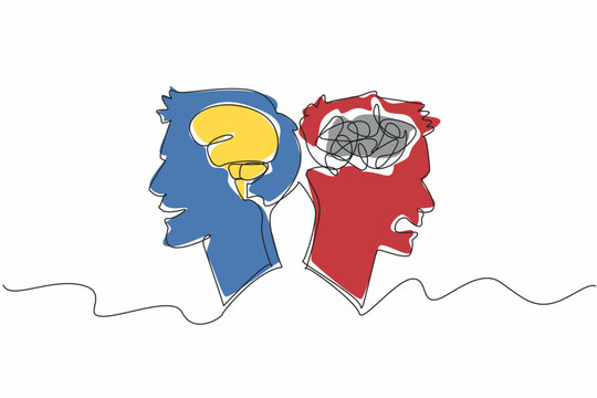 Continuous one line drawing two heads with different emotions. Expression of feelings, depends on what is in the head. Brain as a system. World Bipolar Day. Single line draw design vector illustration