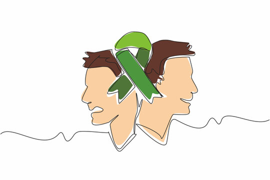 Single continuous line drawing green ribbon in middle of two people with different expressions. Mental disorders. Health disorders. Mood swings. World Bipolar Day. One line design vector illustration