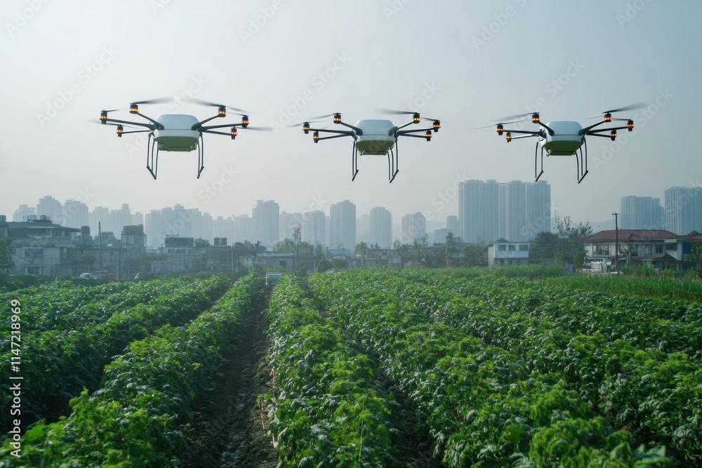 Poster automated drones controlled by ai deliver goods and monitor agriculture in a bustling city landscape