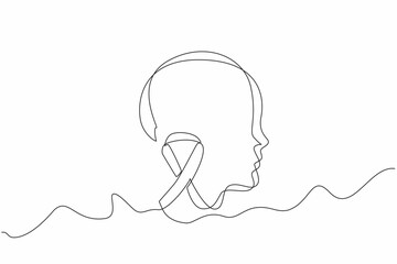 Single continuous line drawing the green ribbon and head silhouette of child. Developmental disorders. Care about them. National Cerebral Palsy Awareness Month. One line design vector illustration
