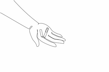 Continuous one line drawing a cigarette broken in the middle into 2 parts is placed on open palm. Showing unstoppable willpower. Smoking is very unhealthy. Single line draw design vector illustration