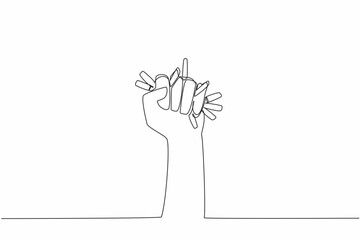 Single continuous line drawing a clenched hand crushing cigarettes in grip. Symbol of firm statement. Rejecting harmful substances that have no benefit to humans.  One line design vector illustration