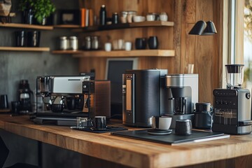 A modern coffee station featuring various coffee machines and accessories on a wooden table.