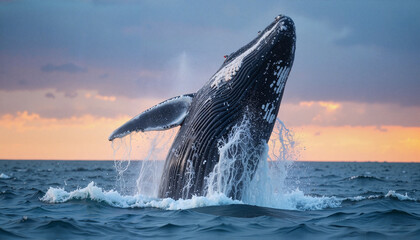 Humpback whale breaching at sunset over ocean waters