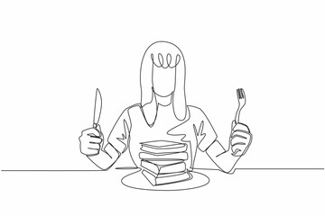 Single one line drawing a woman in casual clothes holding a fork and knife. Unique metaphor. Really likes reading. Increasing insight. Edible Book Day. Continuous line design graphic illustration
