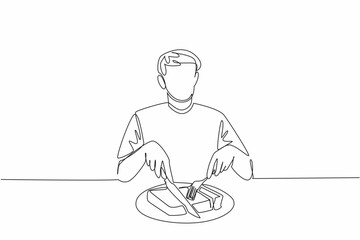 Single continuous line drawing the man cutting thick book with fork and knife into several pieces. Ready to devour knowledge until it runs out. Edible Book Day. One line design vector illustration