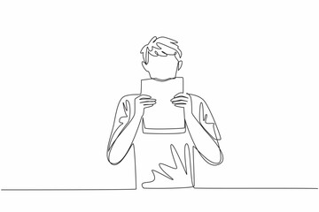 Single continuous line drawing man in casual clothes is biting a thick book. Enjoy the pleasure of books that offer a lot of knowledge. Education. Edible Book Day. One line design vector illustration