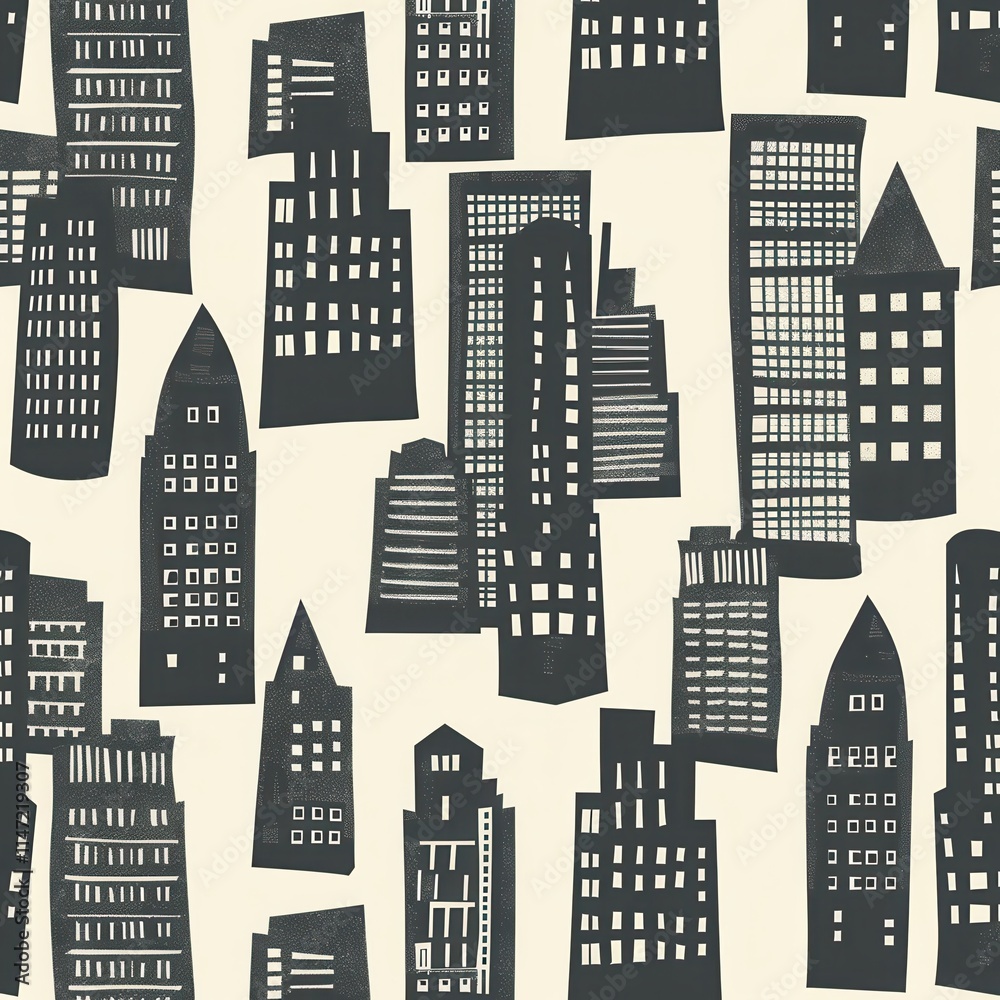 Poster Modern city skyline pattern showcasing diverse building shapes and styles in a monochromatic color scheme. Generative AI