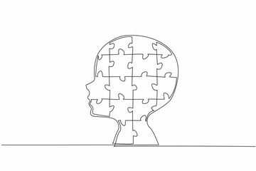Single one line drawing head silhouette of child formed from puzzle pieces. Spectral diversity. Unique individuals. Unwell. World Autism Awareness Day. Continuous line design graphic illustration