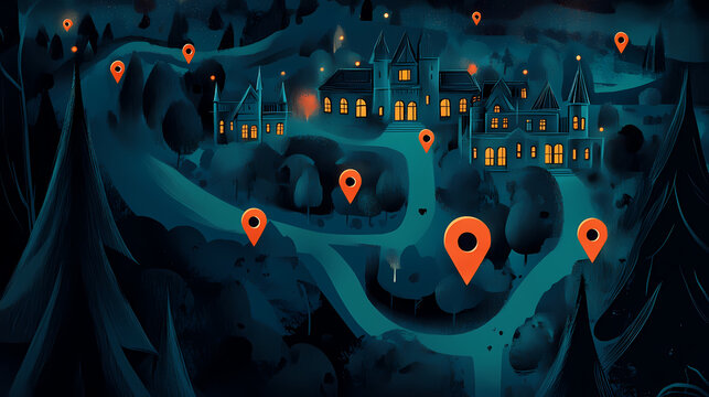 An innovative event planning service uses mystical map pins to highlight venues imbued with supernatural charm. Whisper. Illustration