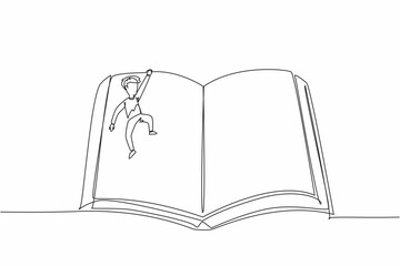 Continuous one line drawing boy hanging in the middle of an open large book. High enthusiasm for reading fiction books.  International of Children Book Day. Single line draw design vector illustration