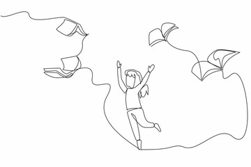 Single continuous line drawing the books flies and wants to be caught by the girl who is below it. Reading is fun. Knowledge. International of Children Book Day. One line design vector illustration