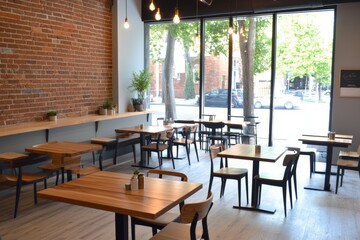 Fototapeta premium A modern caf? interior featuring wooden tables and a bright atmosphere with large windows.
