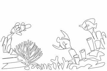 Single continuous line drawing coral reefs with a variety of fish, anemones and marine plants. Habitat of small animals in the sea. Biota. World Aquatic Animal Day. One line design vector illustration