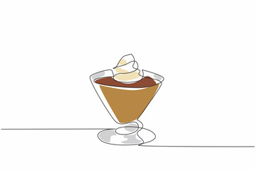 Single one line drawing one cone glass of chocolate mousse with whipped cream topping and raspberry. Perfect for summer. National Chocolate Mousse Day. Continuous line design graphic illustration