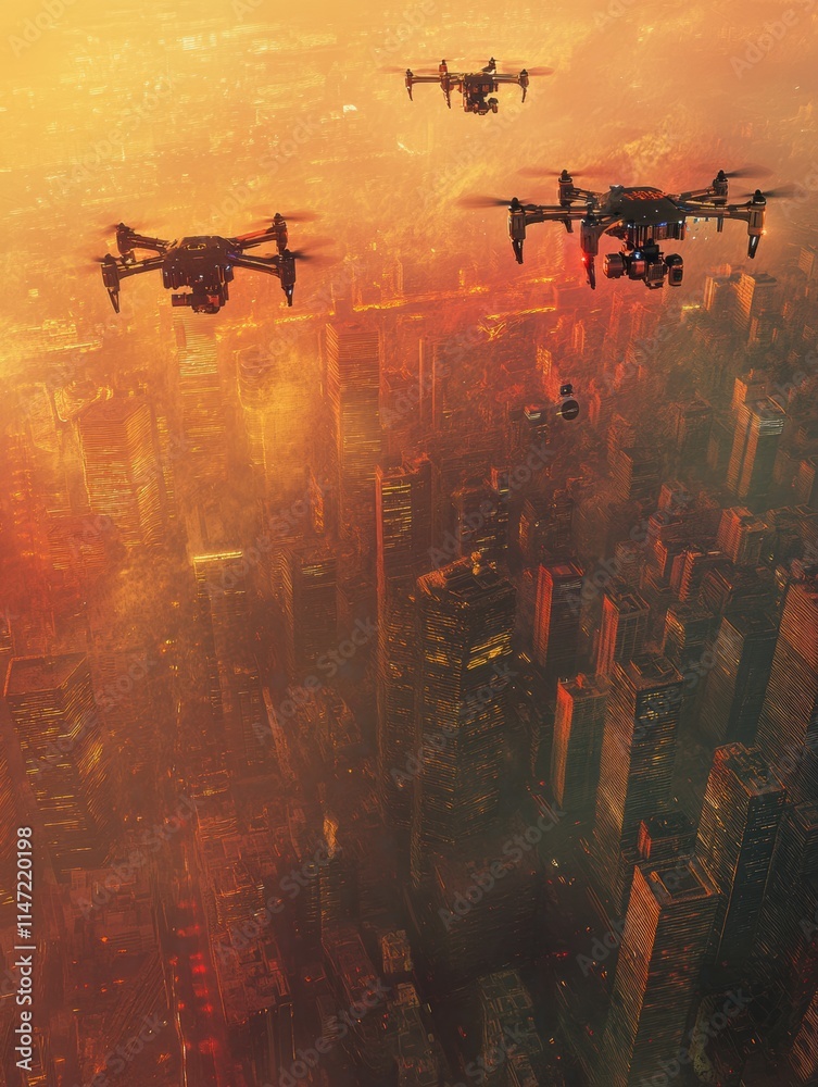 Poster Automated drones controlled by AI flying over a city during sunset while delivering goods and monitoring activities. Generative AI