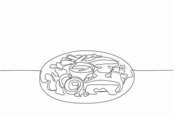 Single one line drawing chicken cordon bleu cut in half served on black round plate. French fries as carbohydrates. Tasty. National Chicken Cordon Bleu Day. Continuous line design graphic illustration