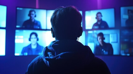Naklejka premium Person viewing multiple video conference calls on large screens.