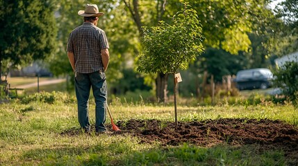 A gardener standing beside a freshly planted tree, marking its position with a small flag while preparing the soil for the next tree 