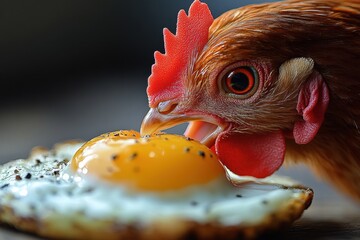 Chicken delights in a freshly cooked fried egg on a rustic wooden table