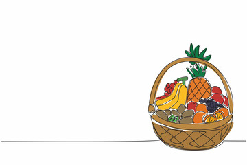 Continuous one line drawing fruit basket containing oranges, grapes, apples, pineapples and bananas. Parcels filled with vitamin C. National Vitamin C Day. Single line draw design vector illustration