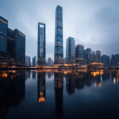 Fototapeta premium A city skyline with a large building in the middle