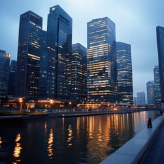Obraz premium A city skyline with a river running through it