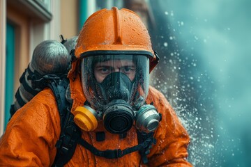 Obraz premium A person in an orange protective suit braving heavy rain, equipped for hazardous conditions.