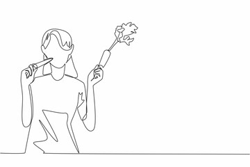 Single continuous line drawing woman in casual clothes hold carrot and eating it. Eaten immediately after harvest. Sweet and healthy. International Carrot Day. One line design vector illustration