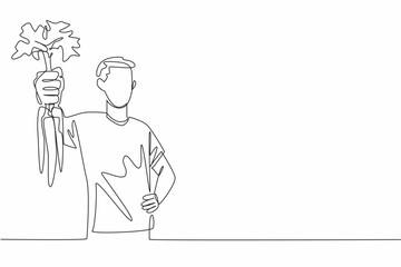 Obraz premium Single one line drawing man holding some carrots with the tips of the leaves still thick. Posing happily. A bountiful harvest. International Carrot Day. Continuous line design graphic illustration