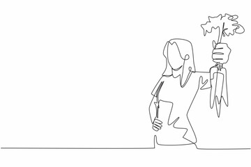 Single continuous line drawing woman holding some carrots with the tips of the leaves still thick. Showing the harvest. Good for health. International Carrot Day. One line design vector illustration